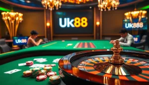 UK88 casino table featuring engaging players and vibrant poker chips in a thrilling gaming atmosphere.