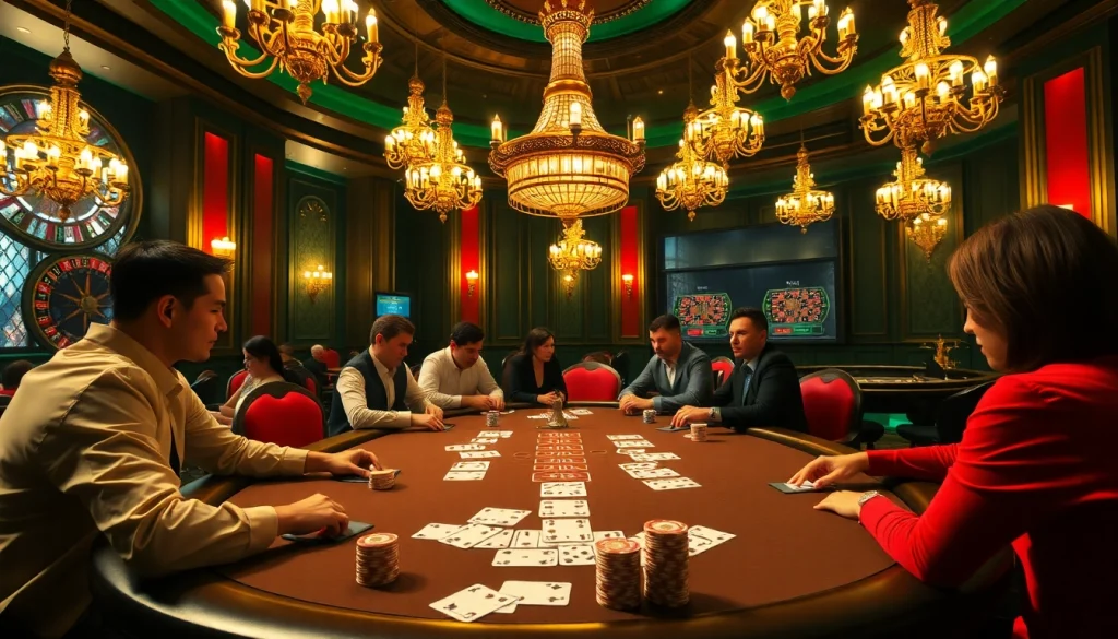 The hidden wiki official showcases an exhilarating scene with poker players in action at a luxurious casino table.