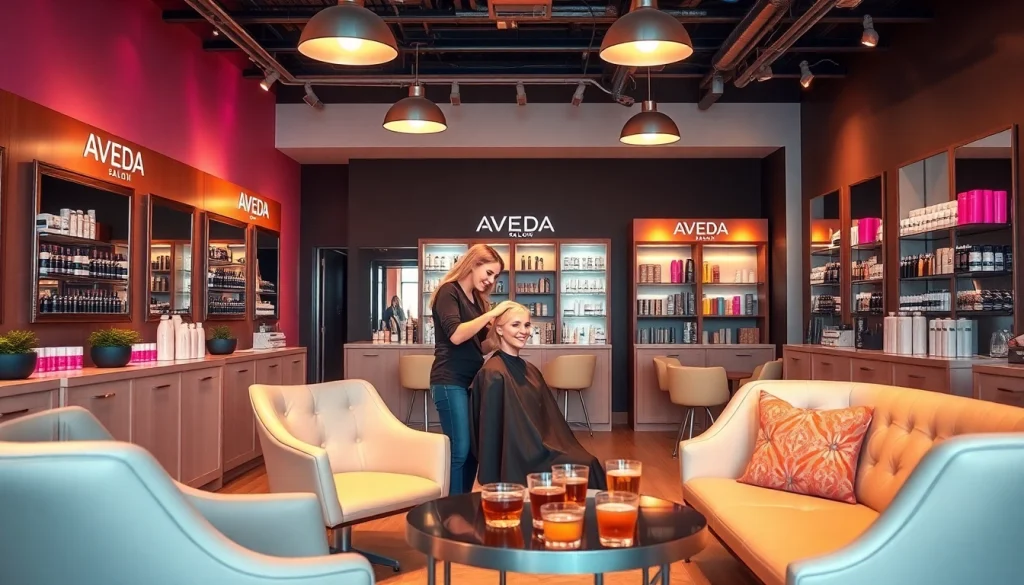 Omnia Salon's stylish interior showcasing hair services with skilled stylists and Aveda products.