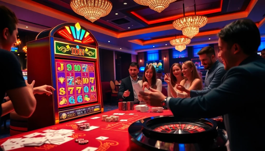 Players enjoying the excitement of idn slot machines in a vibrant casino environment.