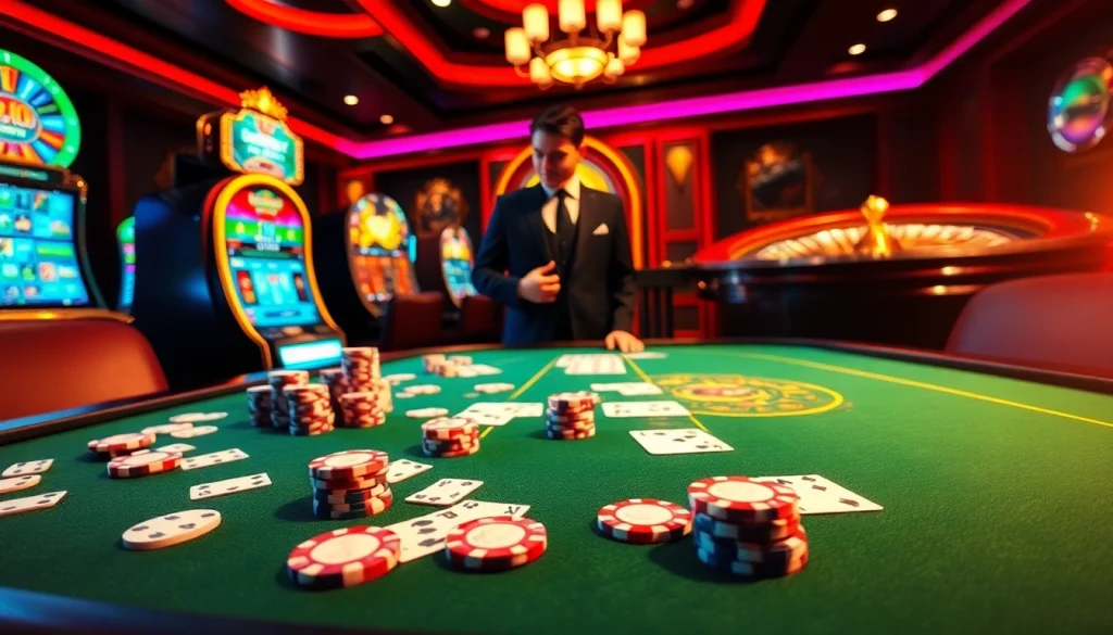 Experience the thrill of gambling at nhà cái KK55 with vibrant casino visuals of poker tables and slot machines.