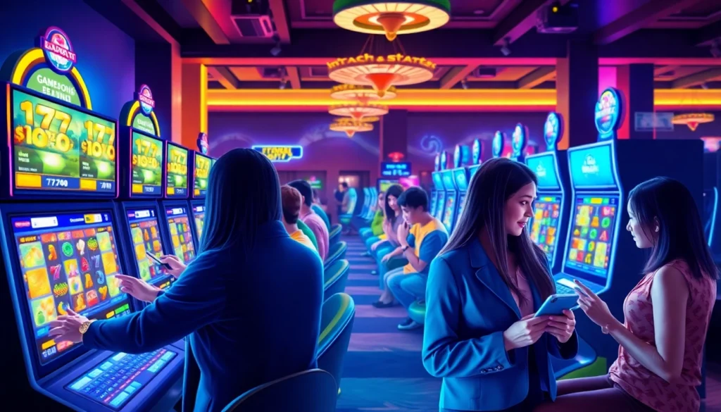 LAGAGAME77 online gaming excitement with diverse players and vibrant slot machines.