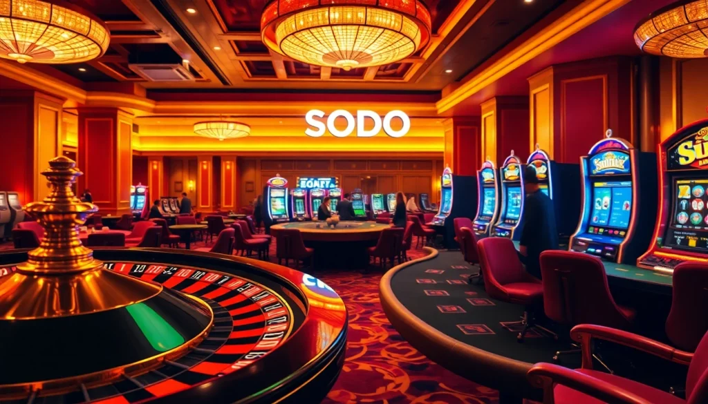 SODO casino scene showcasing a roulette wheel, poker table, and vibrant slot machines, exuding excitement.