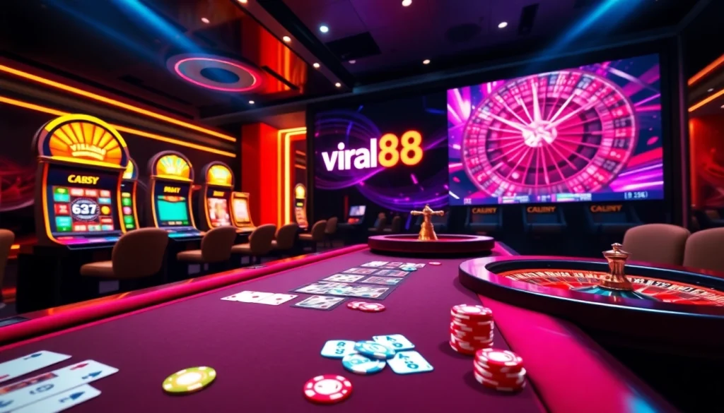 Exciting poker action at viral88 online casino with vibrant chips and slot machines.