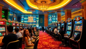 Para pemain menikmati kemenangan di mesin slot pada UTAMA4D, menampilkan suasana kasino yang hidup dan penuh semangat.