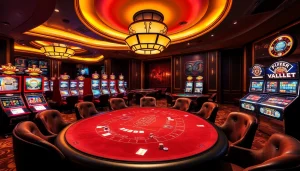 Engaging poker players at SC88 Archi casino table among vibrant slot machines.