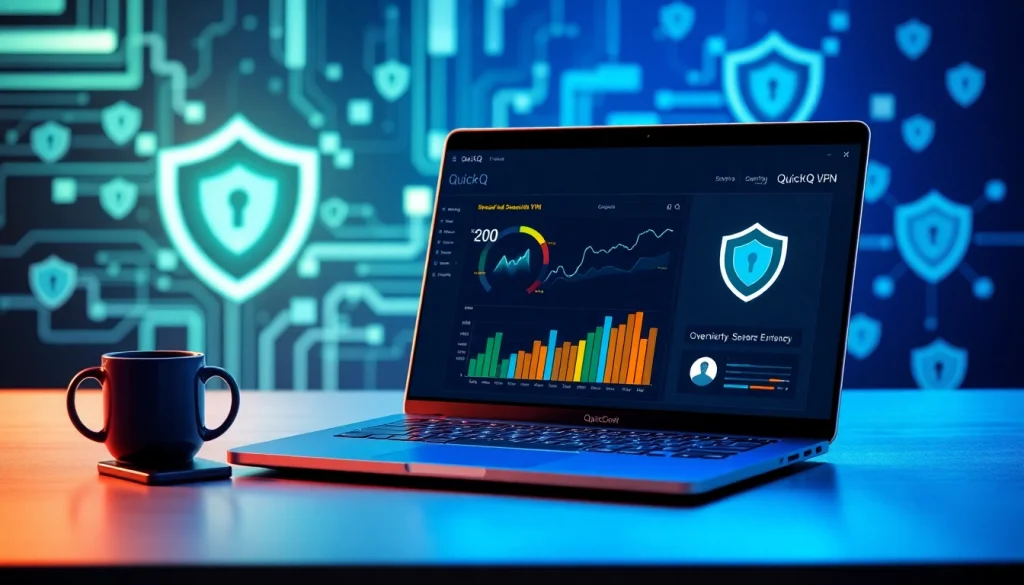 QuickQ下载：以现代数字工作空间为背景，展示 VPN 技术与网络安全，配有时尚的笔记本界面。