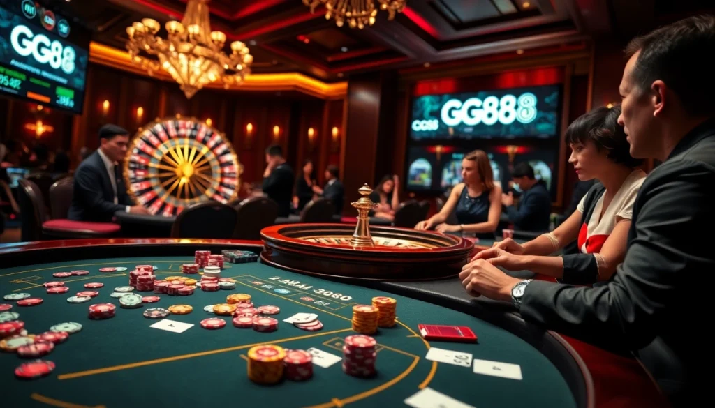 Players enjoying the thrill of gg88 gaming at an upscale casino with vibrant poker chips, cards, and roulette.