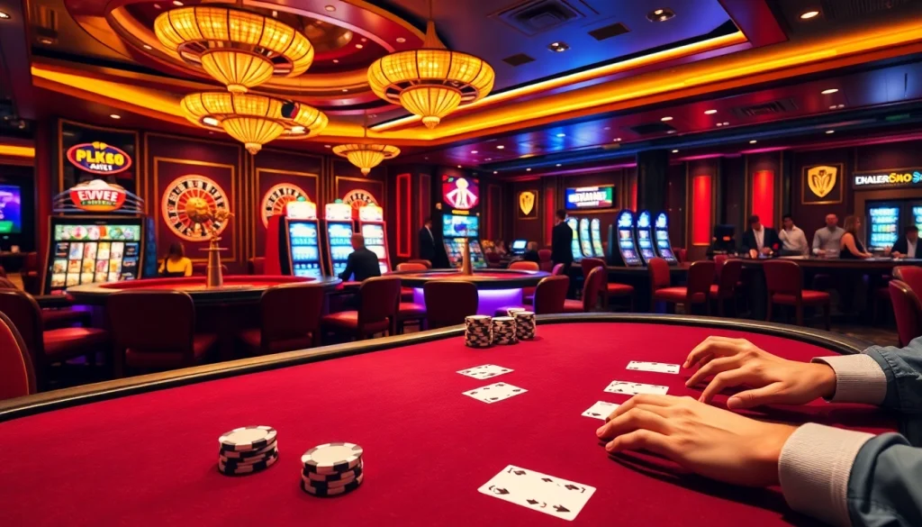 Players enjoying blackjack at ev88 casino with vibrant roulette and dazzling slot machines in view.