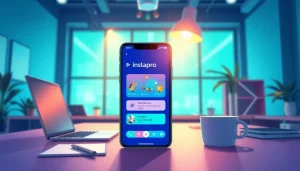 Mobile app interface for instapro displayed in a modern workspace, showcasing innovation and usability.