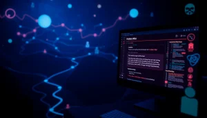 Explore the Hidden Wiki interface amidst a dark web landscape, showcasing links and anonymity symbols in 2025.
