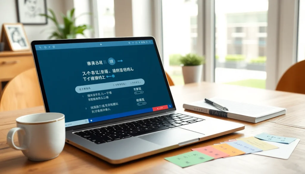 Dynamic user interface of 有道翻译 displayed on a sleek laptop in a modern workspace.