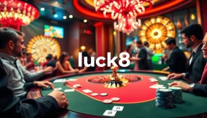Luck8 casino interaction showcasing a lively poker table and spinning roulette wheel.