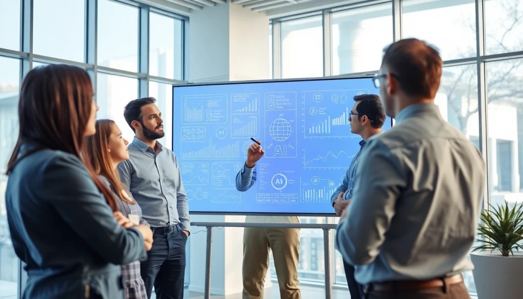 Collaborative discussion of an AI consulting company in UK team in a modern office setting.