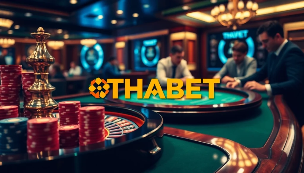 THABET casino table showcasing poker chips and roulette for a thrilling gambling experience.