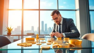 Valutando oro in un ufficio moderno per compro oro, atmosfera professionale e accogliente.