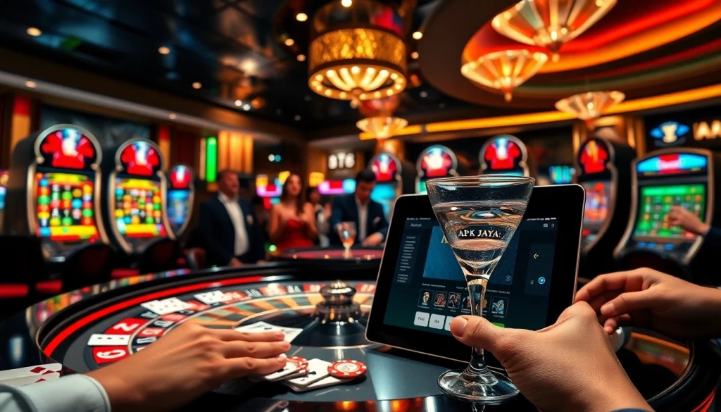 Experience the excitement of apk jaya with vibrant casino visuals, including roulette and slot machines.