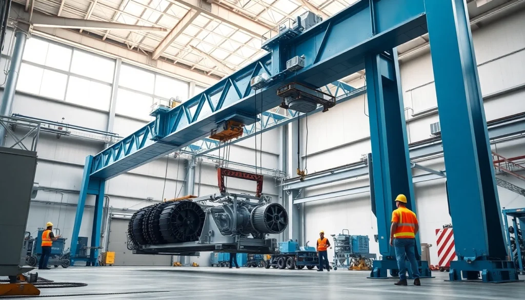 Bridge crane lifting heavy equipment in a modern industrial facility with safety-focused workers.