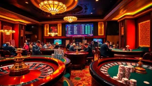 Players engaging in thrilling bets with kèo nhà cái highlighted on digital displays in a vibrant casino atmosphere.