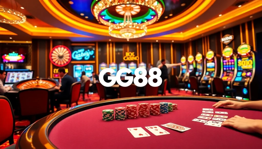 Experience the thrill of GG88 com with vibrant casino games and players engaged in poker.