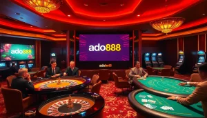 Players enjoying intense gambling action at an adobet88-themed casino table, surrounded by excitement.