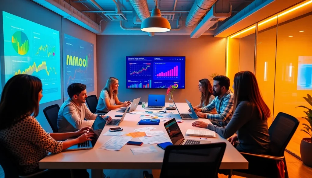 MMOO digital marketing team collaborating in a vibrant workspace.