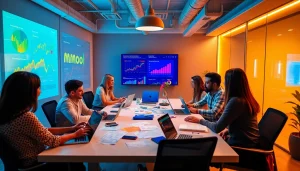 MMOO digital marketing team collaborating in a vibrant workspace.