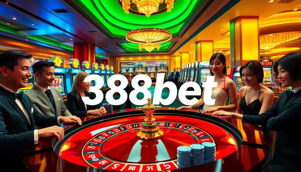 Winning at the 388bet casino with vibrant roulette and excited players enjoying the thrill.