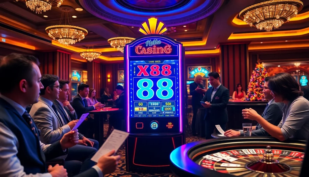 Players enjoying high-stakes action at the x88-themed slot machine in a luxurious casino.
