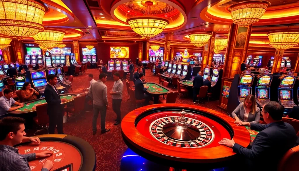 KJC-branded excitement as players engage in casino games with roulette and poker tables.