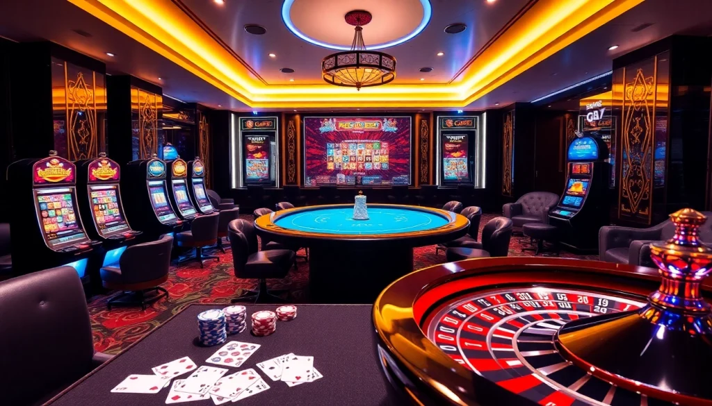 Exciting gambling scene featuring go88 logo, poker table, chips, and colorful slot machines.