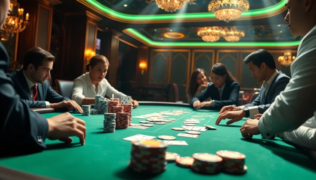 Players strategize at a luxurious poker table featuring the vibrant atmosphere of https://win678.ink/ showcasing intense casino action.