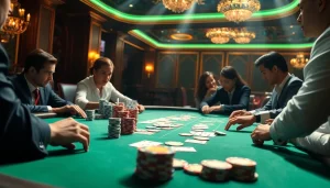 Players strategize at a luxurious poker table featuring the vibrant atmosphere of https://win678.ink/ showcasing intense casino action.