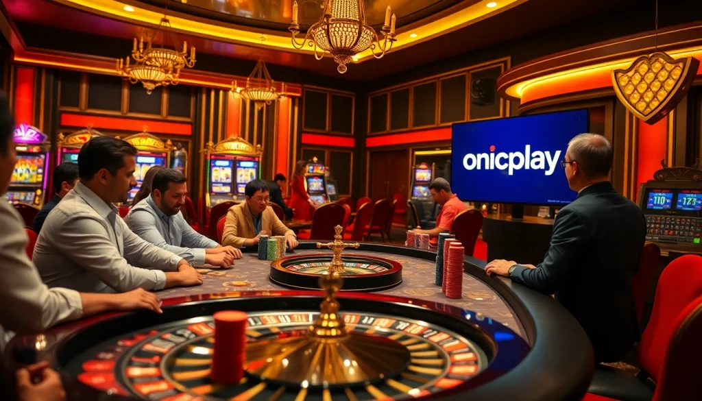 Cheerful gamblers enjoying a game at an onicplay casino table with colorful chips.