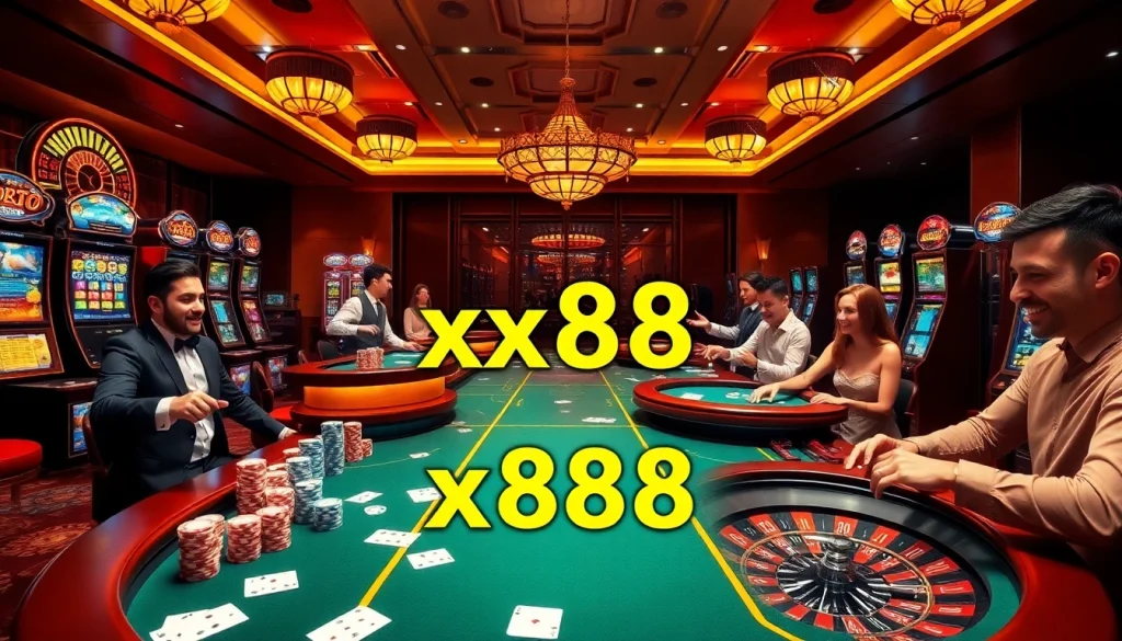 Players engage in vibrant casino games at xx88, showcasing excitement with poker chips and cards.