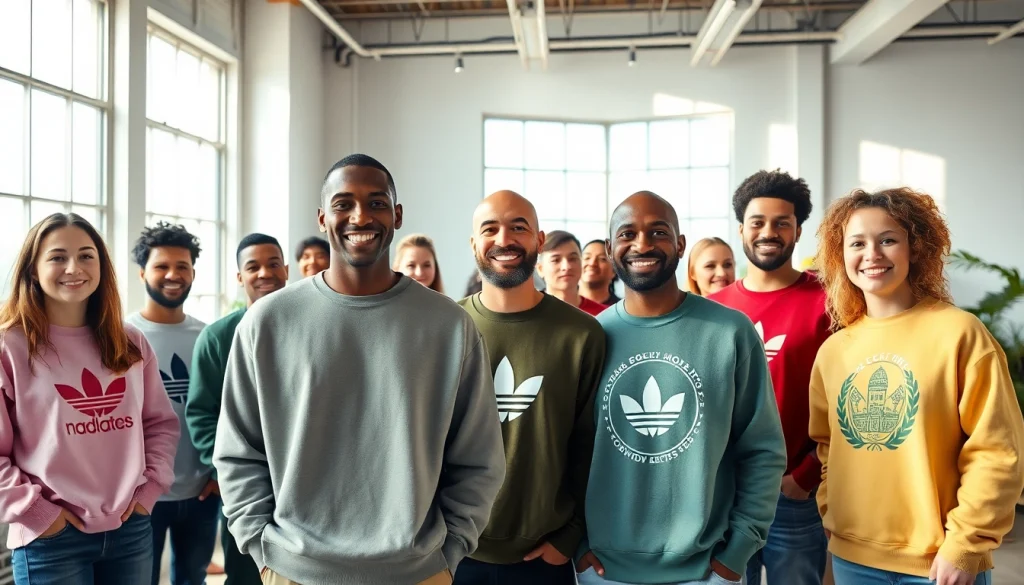 Džemperiai su spauda rodomi kūrybiniame studijoje, kuriame įvairūs modeliai pristato unikalius dizainus.