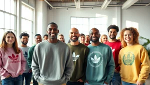 Džemperiai su spauda rodomi kūrybiniame studijoje, kuriame įvairūs modeliai pristato unikalius dizainus.