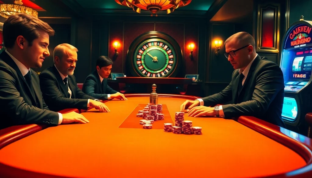Players at a poker table in a luxurious casino, exploring hidden wiki resources for exciting games.