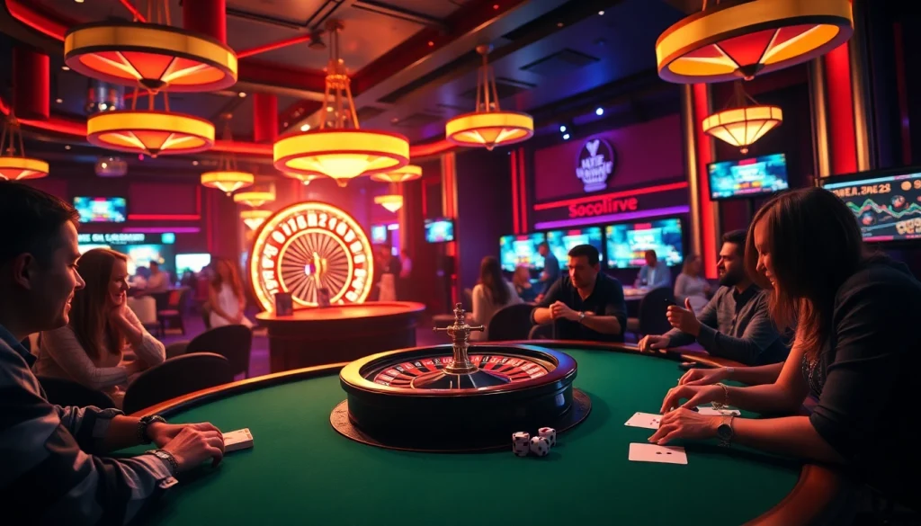 Experience the excitement of gambling at socolive in a vibrant casino scene with poker tables and roulette.
