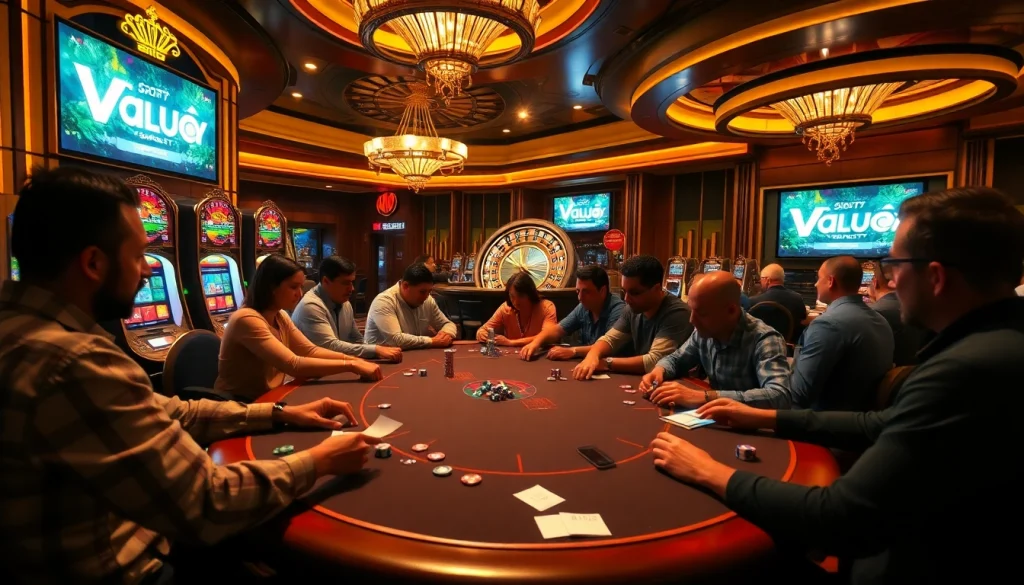 Engage with VaoluoiTV players at a captivating poker table in a luxurious casino.