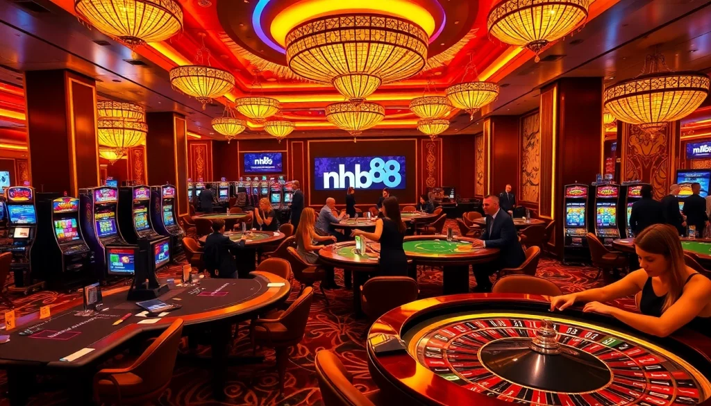 Experience the thrill of gambling with nh88 in a vibrant casino scene featuring energetic players and elegant tables.