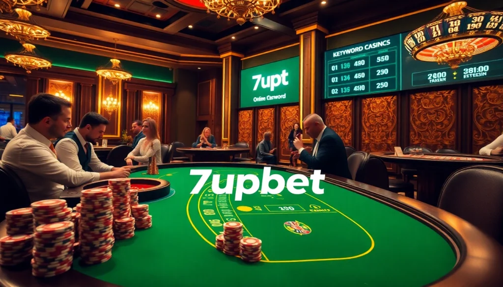 Engaged players at a casino table showcasing 7upbet odds in an exciting gambling atmosphere.