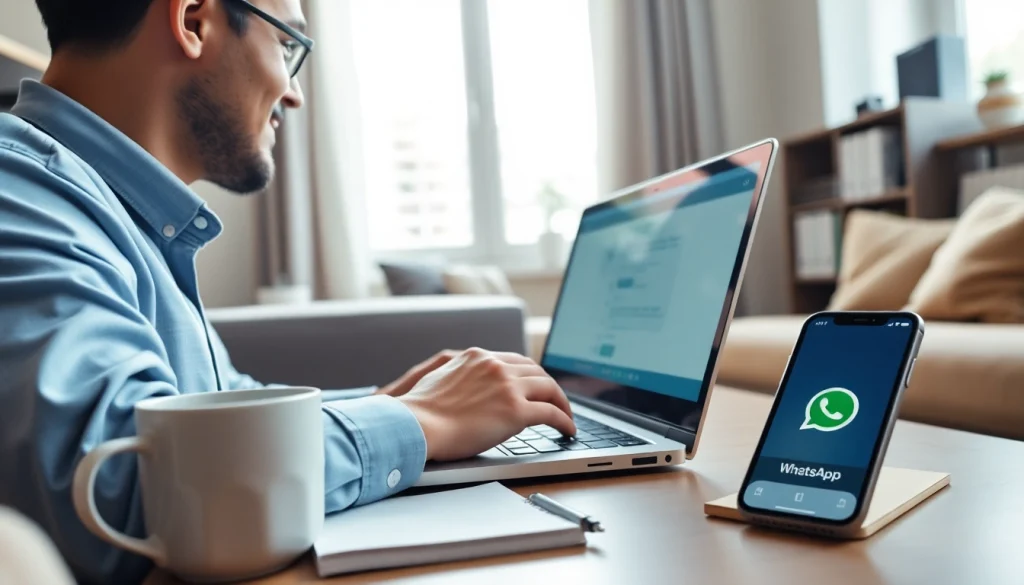 在温馨的家庭工作区用笔记本电脑使用 WhatsApp Web 的用户。