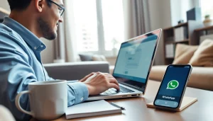 在温馨的家庭工作区用笔记本电脑使用 WhatsApp Web 的用户。