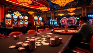 KJC casino scene showcasing a vibrant poker table and exciting slot machines for gamblers.