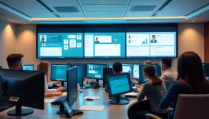 展示美洽创新AI技术正在运行的客户服务控制中心，提升客户参与度。