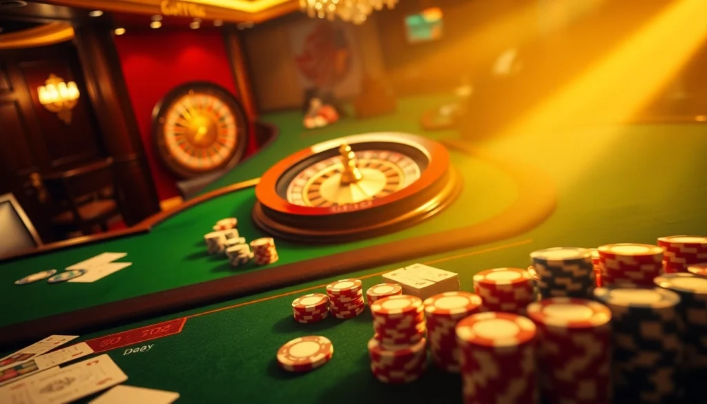 Tỷ lệ kèo action at a luxurious casino table filled with poker chips and cards in an elegant setting.