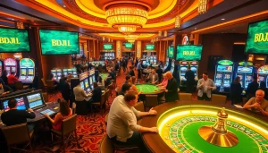 Players experiencing thrilling moments at BDJL casino tables, surrounded by vibrant slot machines.