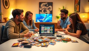 ポケモンカードを手にオンラインオリパ おすすめを探求するオンラインカードゲーム愛好家の興奮する場面。