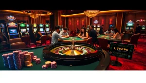 Experience thrilling gaming action at https://lv88.baby/ with vibrant casino tables and digital interfaces.
